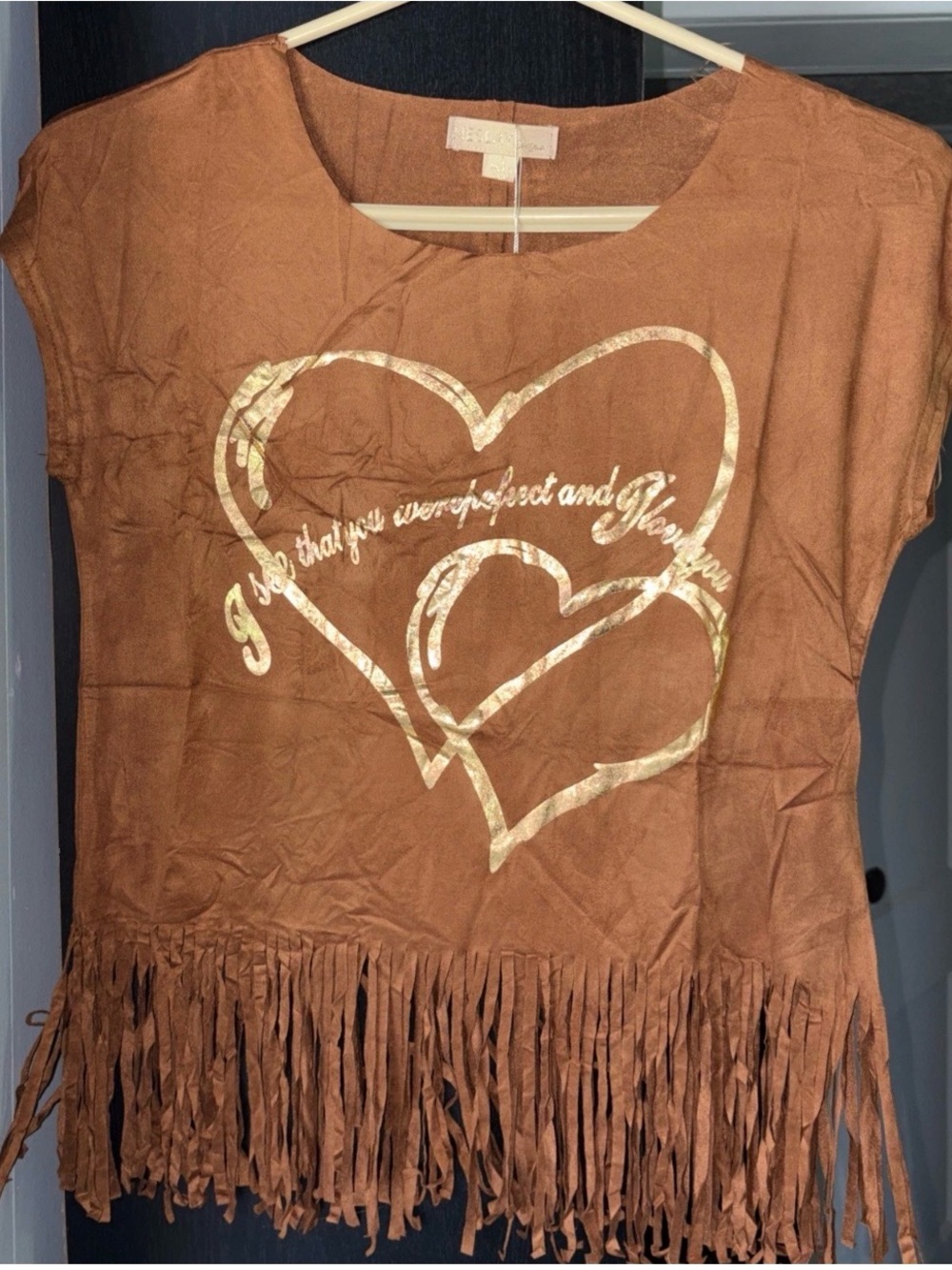 Women’s Western Fringe Top with Metallic Heart Graphic - Brown